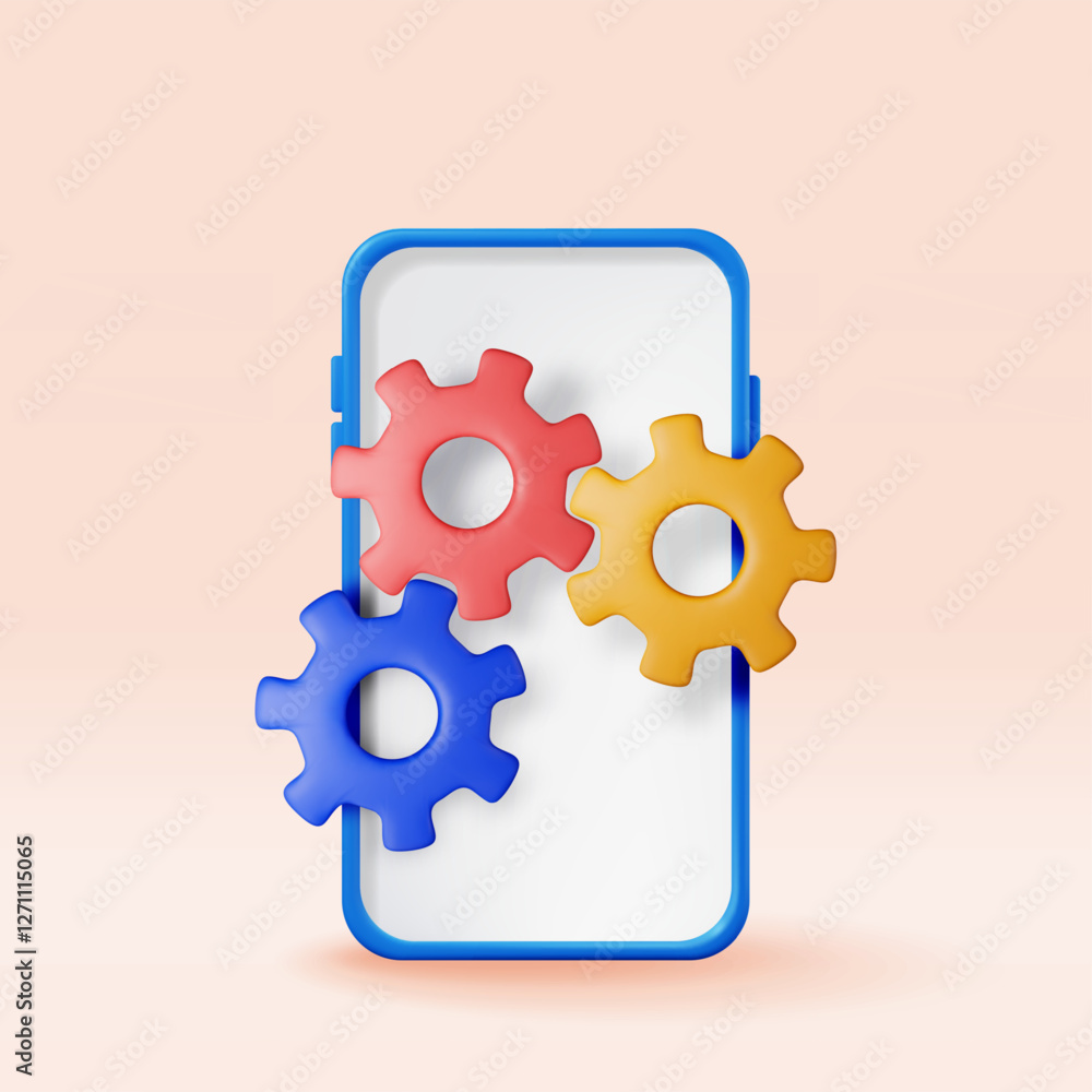 Aufkleber 3d smartphone with gears on screen isolated. render mobile phone with cogwheel icon. settings, optio