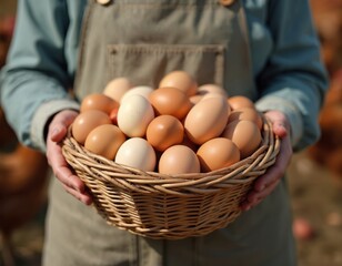 Farmer holds basket of fresh collected brown, white eggs. Rural earthy tones convey simplicity farm life. Poultry house background. Person collects brunch produce. Natural dairy hen eggshell food.