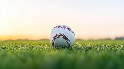 Baseball on Green Grass at Sunset