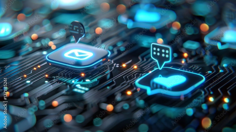 Poster Symbols representing messages and notifications glow on a circuit board, highlighting the fusion of technology and communication in the digital age.