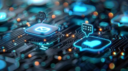 Symbols representing messages and notifications glow on a circuit board, highlighting the fusion of technology and communication in the digital age.