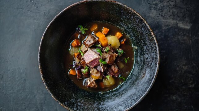 Bowl of navarin d'agneau lamb and root vegetables captured in a rustic topdown style