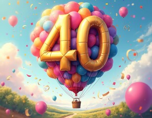 Festive anniversary illustration featuring balloon airship with golden number 40 against blue sky. Confetti falls amid cluster of colorful balloons. Celebratory card, birthday invitation template.