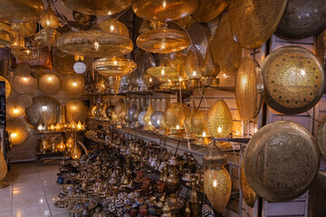 Shop with traditional arabic lamps on the market in Marakkesh Morocco