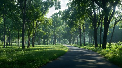 Fototapeta premium Sunlit Path Through Lush Green Forest