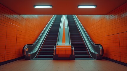 A pair of escalators with bright orange walls and ambient lighting descend into a subway station. The dynamic setting creates a captivating urban atmosphere during the evening hours.