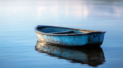 Obraz premium An old blue boat gently floating on a calm lake reflecting the serene surroundings creating a peaceful nature image : Generative AI