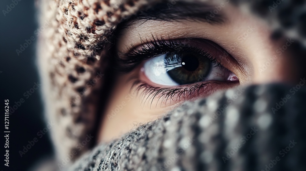 Poster intimate closeup of a person's eye partially covered by a knitted scarf reflecting emotion and myste