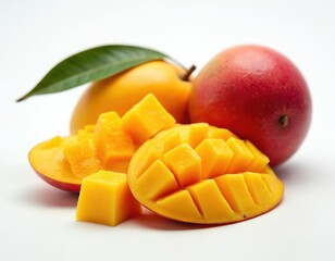 Fresh ripe mango cubes with whole fruit and green leaf on pure white background. Sweet yellow, red tropical mangoes. Healthy food, natural dessert, juicy snack, summer vitamin diet.