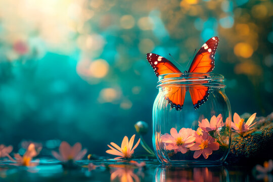 Monarch buttefly resting on a glass jar with delicate flowers.