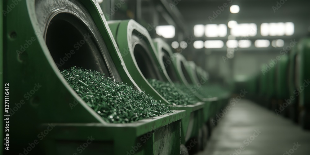Poster efficient industrial machinery optimizing recycling processes for circular design showing high-tech 