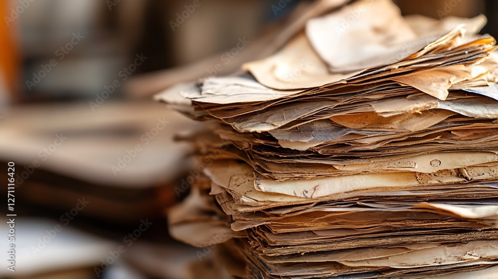 Poster close up of aged paper stacks revealing texture and detail for artistic purposes and background desi