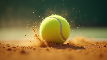 A vibrant yellow tennis ball bounces on a clay court, sending up a spray of dust as it hits the ground.