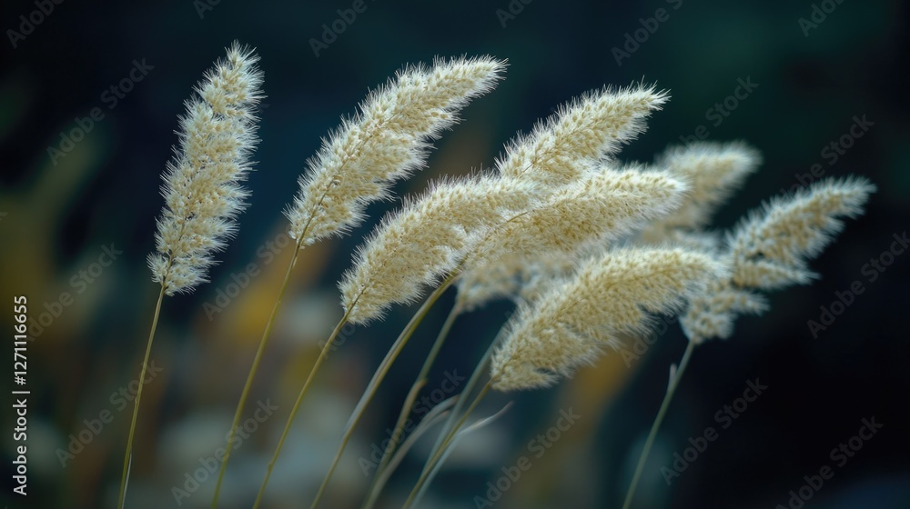 Poster a close-up view of a cluster of tall grasses with intricate details