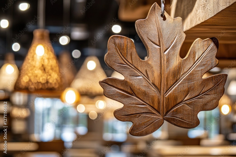 Poster a wooden leaf hangs from the ceiling in a cozy restaurant, creating a warm and inviting atmosphere