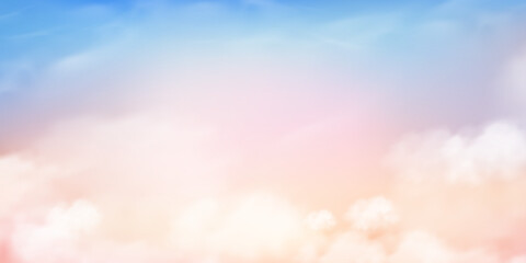 Sky,Cloud Background,Summer sunset pink, blue, orange sky with fluffy cloudy for Winter fairy, dreamy,Vector cartoon fantasy nature of sky spring with soft gradient pastel colour for Easter banner