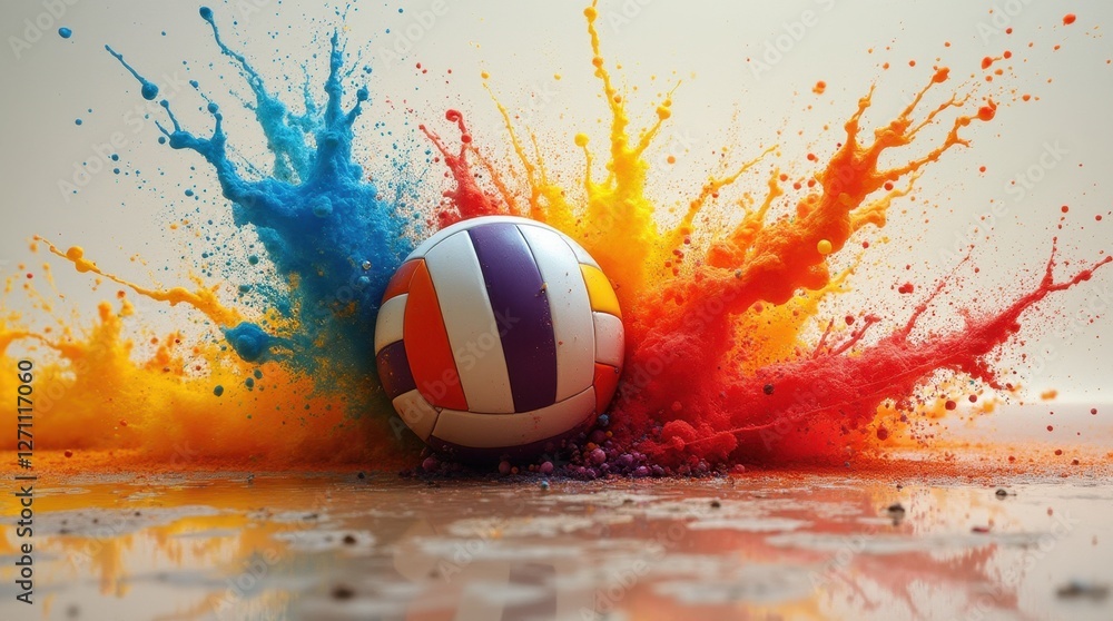 Poster a vibrant volleyball surrounded by colorful splashes of paint, creating a dynamic and energetic visu