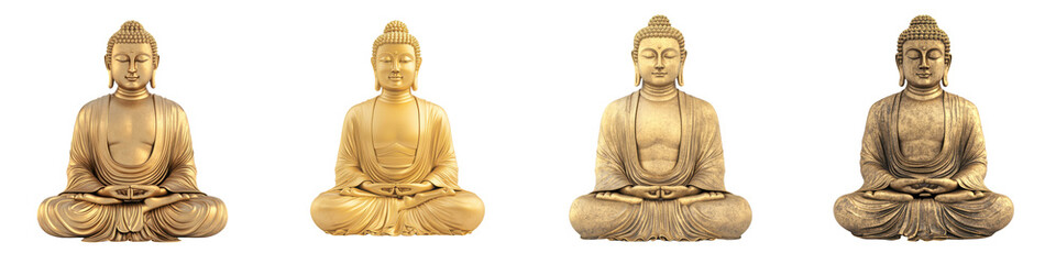 Four golden Buddha statues sitting in a meditative lotus position exuding a sense of tranquility peace and enlightenment  The statues represent the spiritual and philosophical teachings of Buddhism