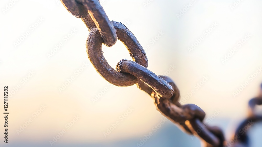 Poster closeup view of a rusted metal chain glistening in soft sunlight : generative ai
