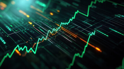 vibrant tech graph with upward trending lines and glowing elements, representing data analysis and financial growth. dynamic visuals evoke sense of innovation and progress