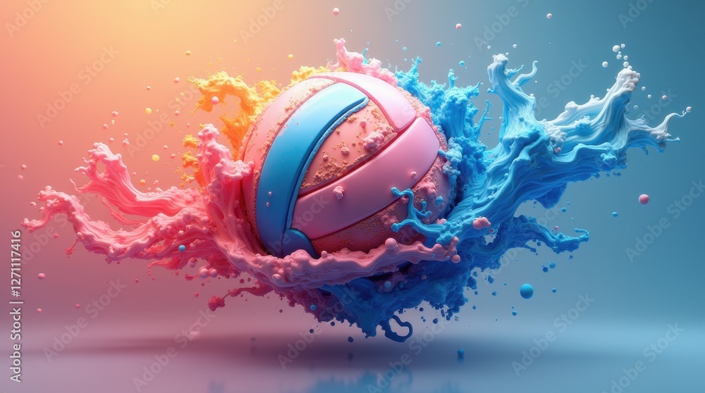 Poster a vibrant volleyball splashes through colorful waves of pink and blue, creating a dynamic and energe
