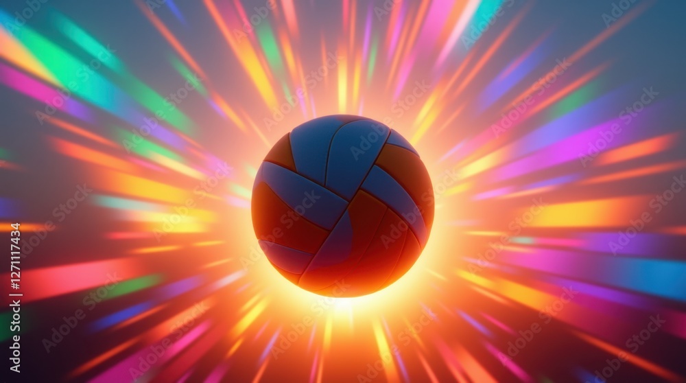Poster a vibrant sphere radiates colorful light, creating a dynamic explosion of hues against a soft backgr
