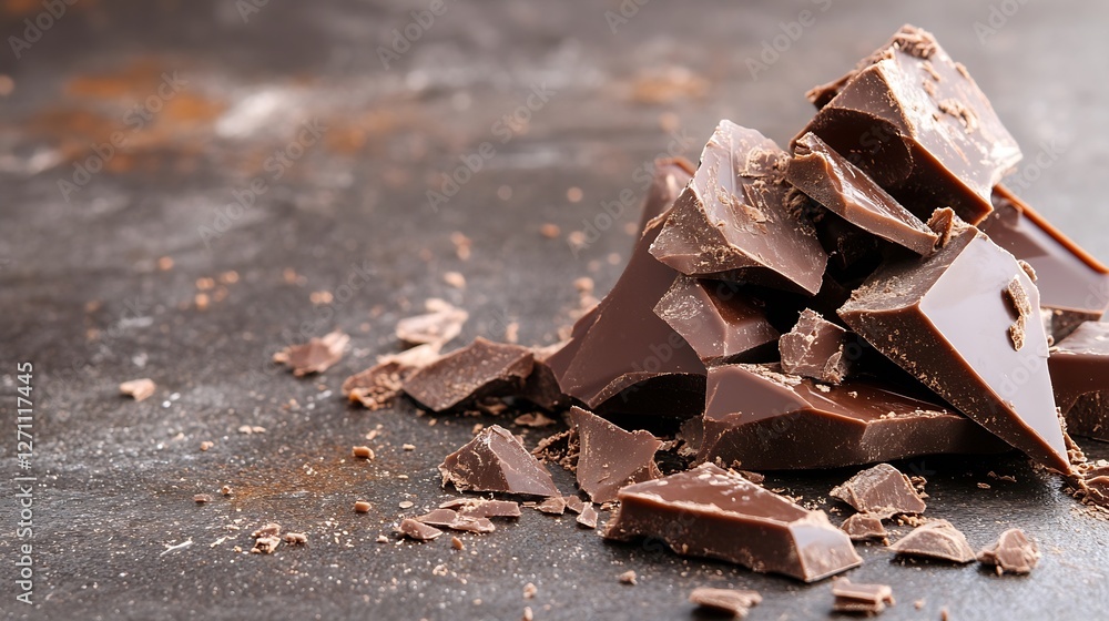 Poster heap of broken dark chocolate pieces scattered on a textured dark surface : generative ai