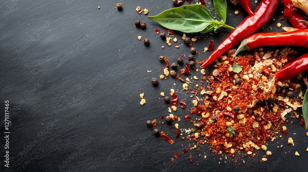 Poster vibrant assortment of dried red chili peppers with spices and fresh basil on black stone background 
