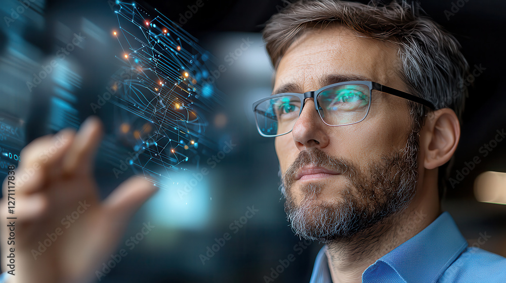 Leinwandbilder innovative entrepreneur analyzing data on futuristic interface, showcasing technology and focus. sce