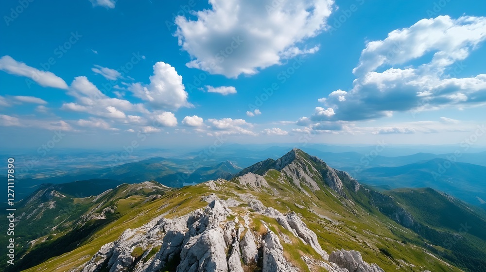 Poster breathtaking panoramic view of rugged mountains under a vibrant blue sky with dynamic clouds : gener