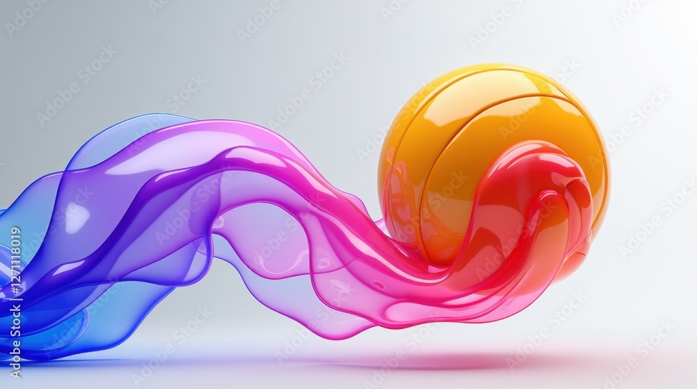 Poster a vibrant orange sphere flows through colorful waves of pink and blue, creating a dynamic and eye-ca