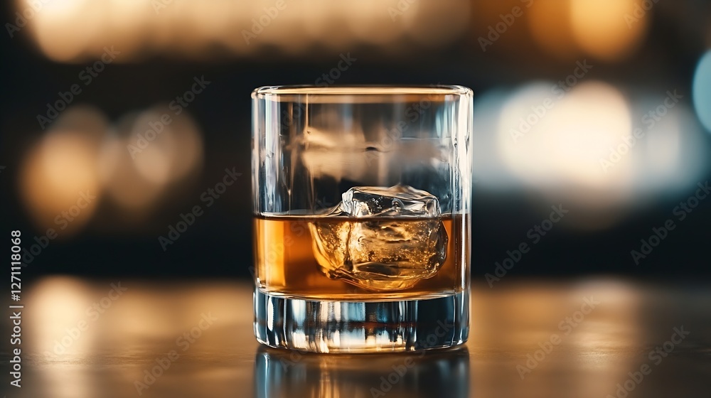 Poster closeup of whiskey cocktail with ice cube in a clear glass on a blurred bar background : generative 