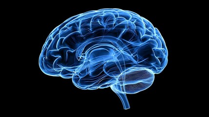 Detailed 3D Rendering of a Blue Human Brain on a Black Background