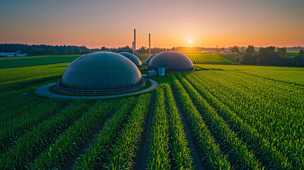 Obraz premium Large cylindrical biogas digesters with metallic surfaces reflecting ambient light, surrounded by green fields under a clear sky.