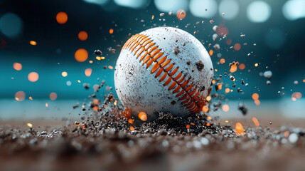 cinematic high speed capture of softball in motion, showcasing dynamic explosion of dirt and debris as it impacts ground, creating dramatic and energetic scene
