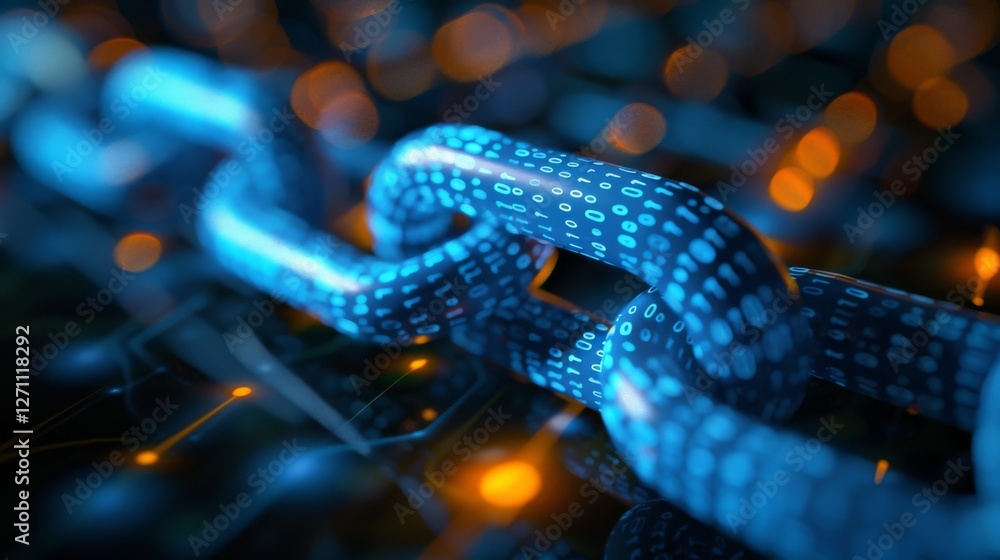 Fototapete A digital chain link is depicted, showcasing moving binary code patterns. The glowing lights create an atmosphere of technology and innovation, highlighting the concept of blockchain.
