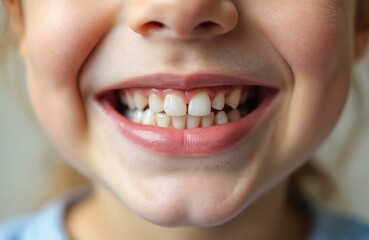 Smiling child shows teeth with interdental gap. Young boy shows dental anomalies, diastema. Mouth demonstrates teeth crowding, curvature. Concept of childhood stomatology, orthodontic healthcare,