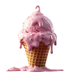 Melting pink ice cream scoop on waffle cone with dripping details on transparent background.