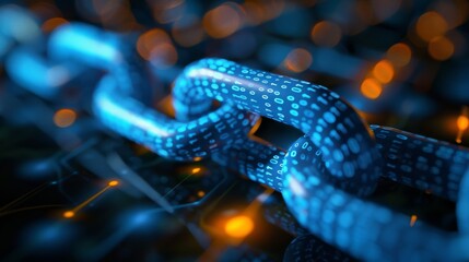 A digital chain link is depicted, showcasing moving binary code patterns. The glowing lights create an atmosphere of technology and innovation, highlighting the concept of blockchain.