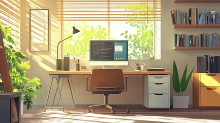 smart home office with advanced technology tools, minimalistic furniture, and natural lighting