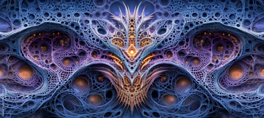 Poster intricate blue fractal network structure with glowing interconnected nodes, 3d render