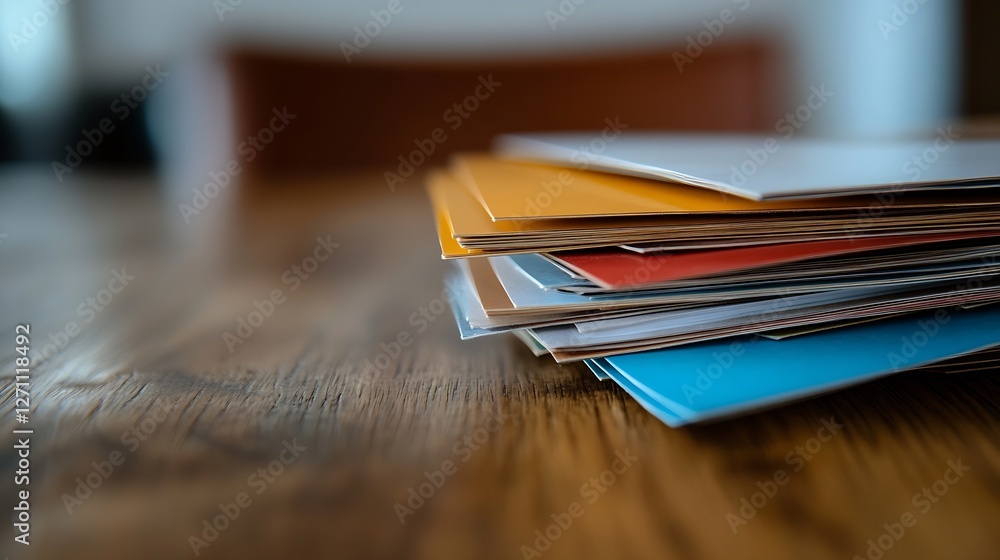 Poster Colorful Stack of Paper Sheets on a Table Ready for Creative Work or Office Use : Generative AI