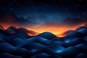 Abstract landscape with rolling hills under a starry night sky, glowing with orange and blue hues