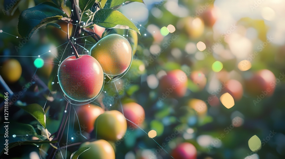 Poster smart orchard where robots use vision-based ai to detect ripeness and harvest fruit.