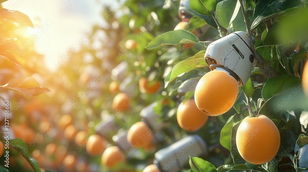 Poster smart orchard where robots use vision-based ai to detect ripeness and harvest fruit.