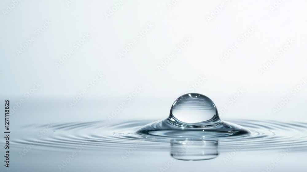 Poster A single water drop stands poised above a calm surface, creating gentle ripples that expand into the serene white backdrop, evoking a sense of peace and clarity