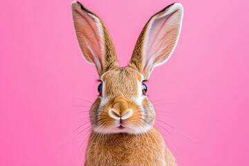 Obraz premium Adorable Bunny Poses for a Close-Up, Showing Fluffy Fur and Long Ears Against Pink Background.