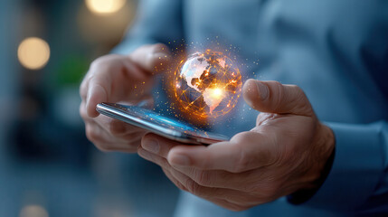 Fototapeta premium person holding smartphone with glowing digital globe above it, symbolizing global connectivity and technology