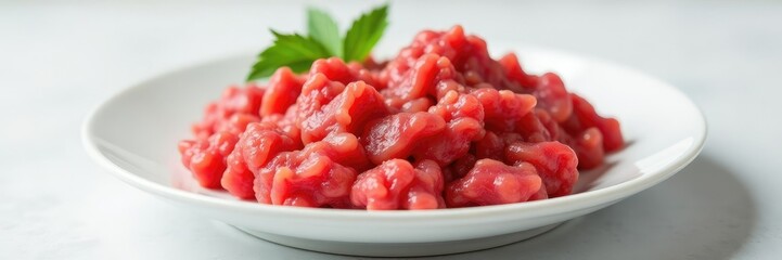 White plate with raw minced beef strips on surface, beef, whiteness, cleanliness