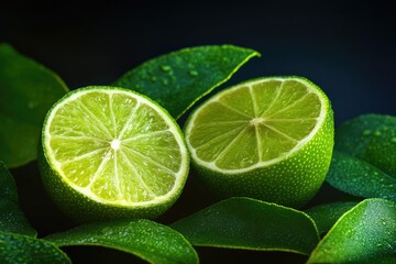 Fresh limes resting on a vibrant green leaf